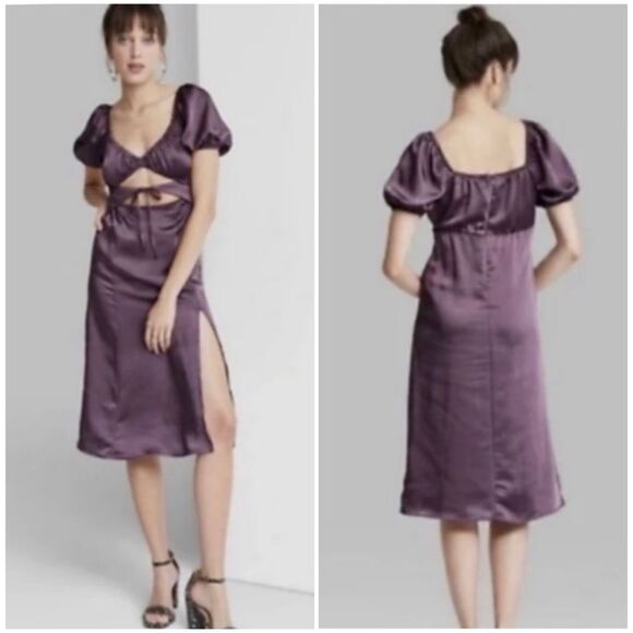 Wild Fable Purple Satin Midi Dress Practical Magic VibesPuff Sleeves Size Medium - Picture 1 of 15